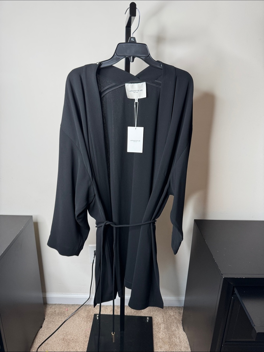 Lafayette 148 New York Black Draped Robe with Self-Tie Belt